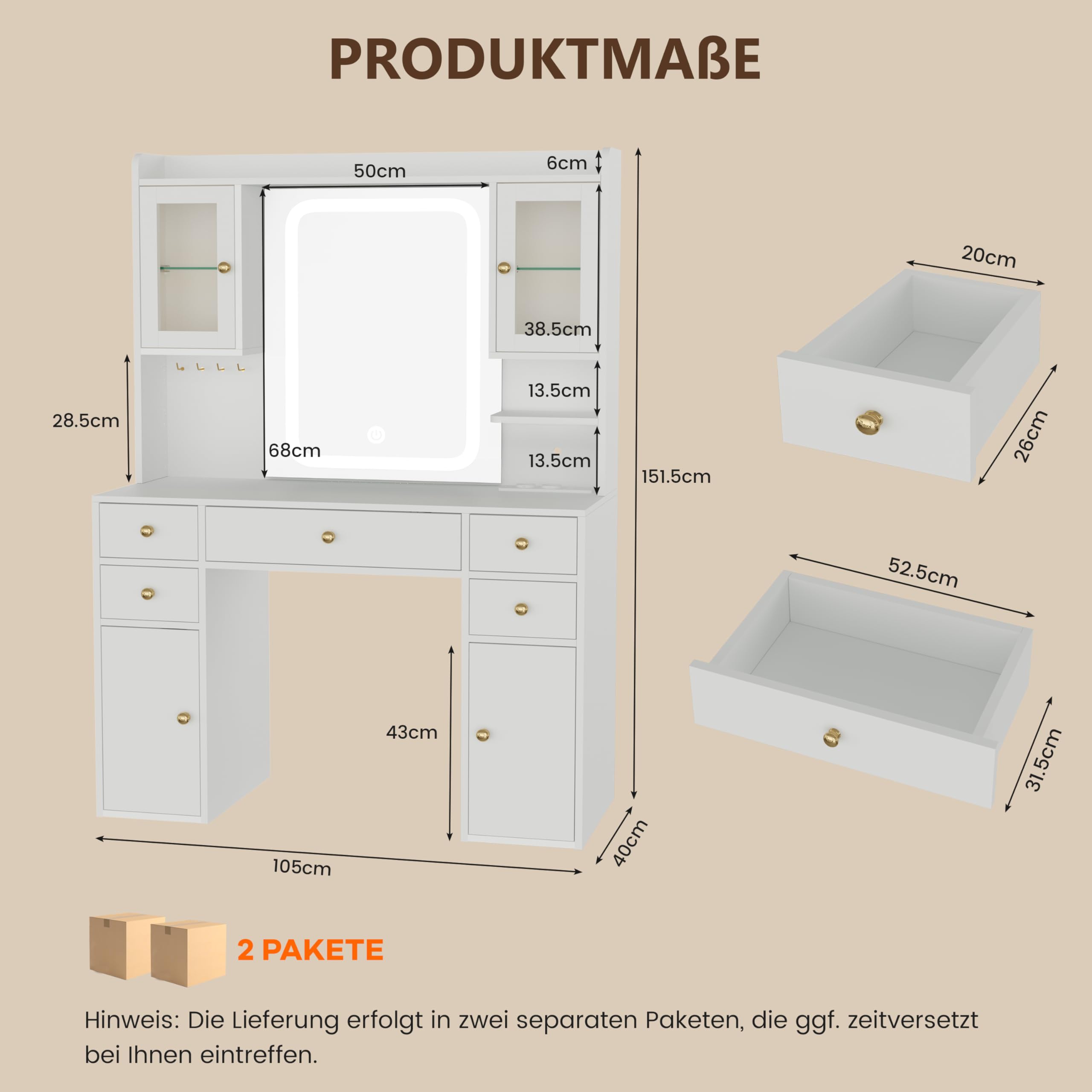 YOUDENOVA Schminktisch mit Beleuchtung und Spiegel, Großer Vanity mit Schubladen & 2 RGB-Glasvitrine, Dressing Table mit Steckdose, Frisiertisch Modern, Weihnachten Geschenke für Mädchen, Weiß