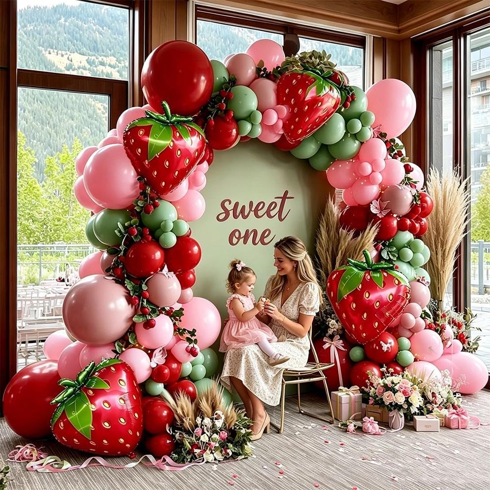 Arco a palloncino a forma di fragola, doppio farcito rosa pastello, rosso scuro, verde, in lattice, kit per baby shower con bacche, primo compleanno, matrimonio, decorazione per feste nuziali