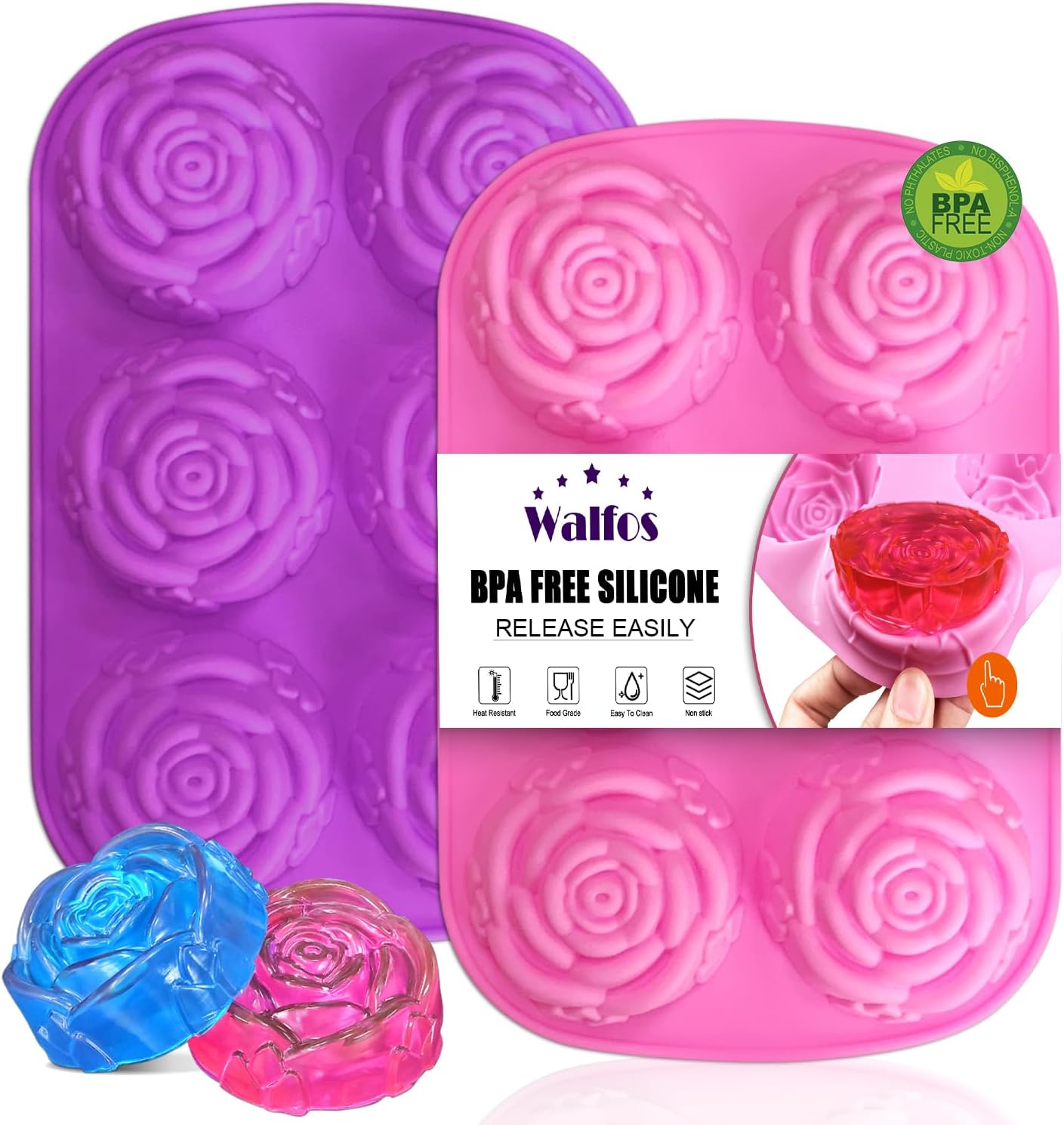 Walfos Rose Ice Cube Mold 2.8 Inch,Soap Mold, Make 12 Cute Flower Shape Ice. BPA Free and Dishwasher Safe.Release Easily.Perfect for Soap Cocktails Juice Whiskey Jelly Chocolate etc.(Set of 2 Pink)