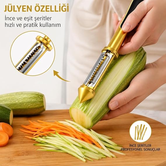 Paslanmaz Çelik Sebze Soyacak, Altın Rengi, 18 cm, Siyah Kaymaz Saplı, Salatalık ve Sebze Soyma için