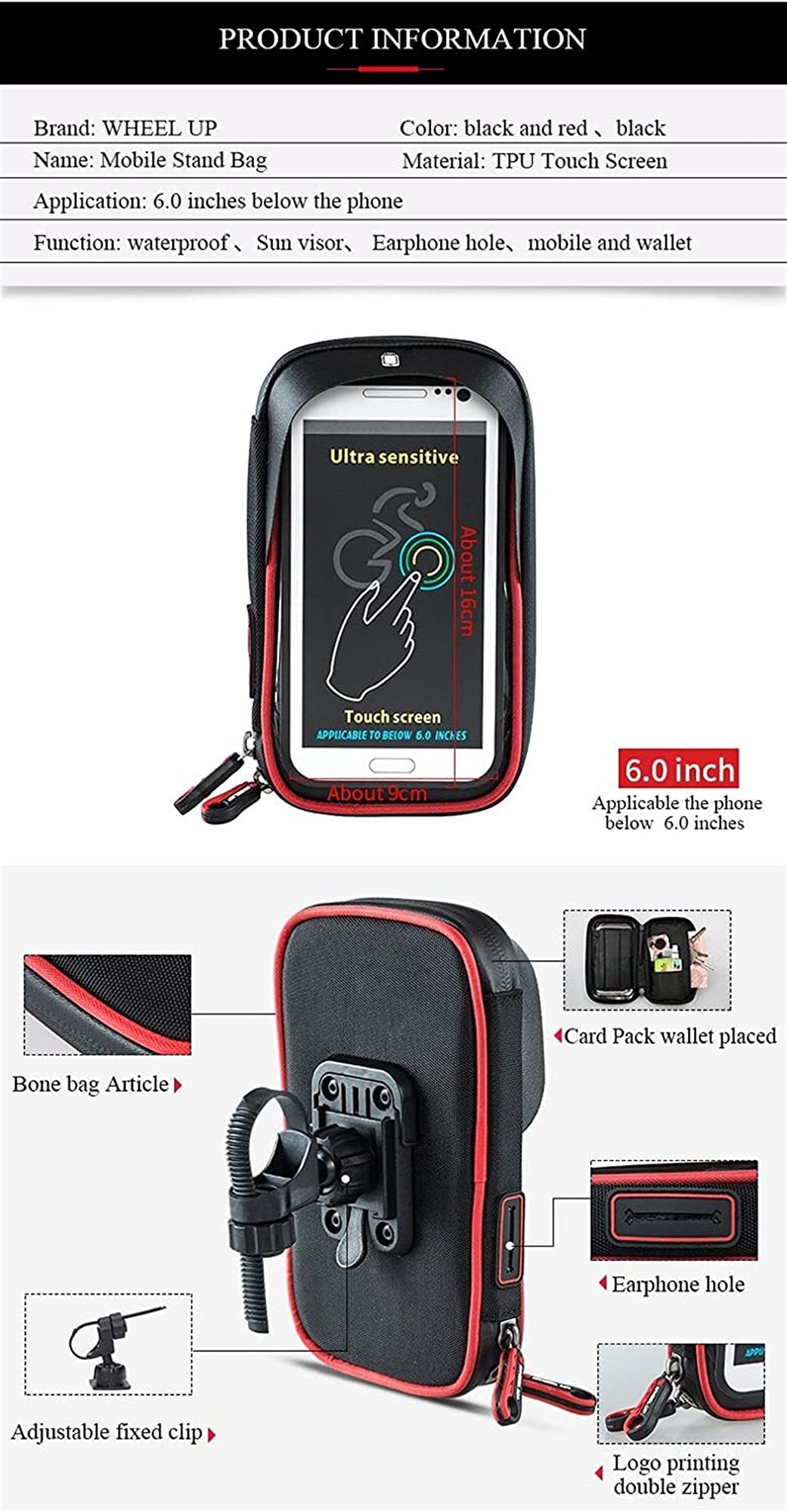 Bolsa for Manillar de Bicicleta, Bolsa for la Cabeza Delantera del Coche, for, for teléfono móvil, Equipo conducción(Red)