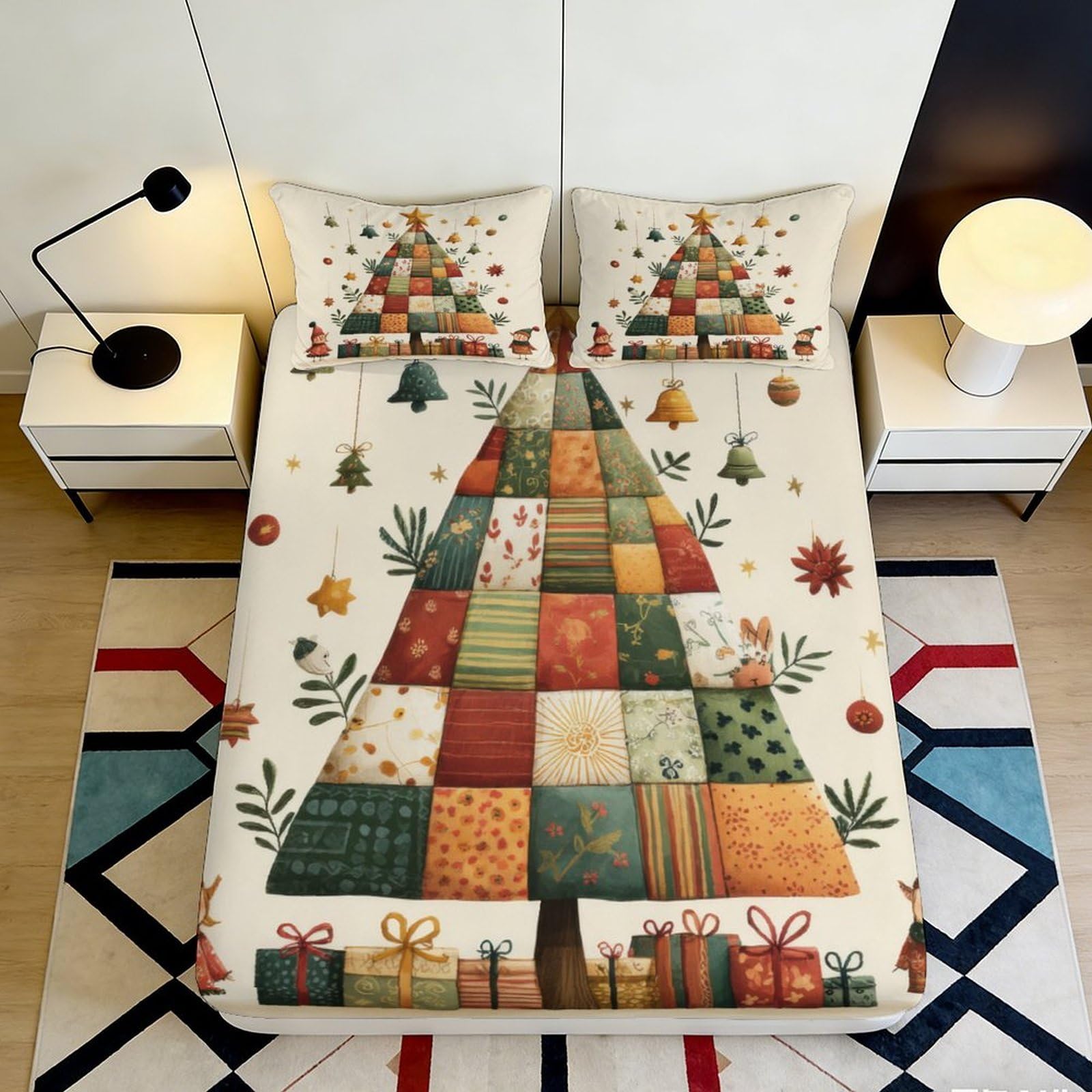 3D Printed Christmas Tree Fitted Sheet Microfiber Soft Durable 3D Printed Patchwork Bed Cover for Bedroom Guest Room Mattress Protection Decor 90x200x25cm