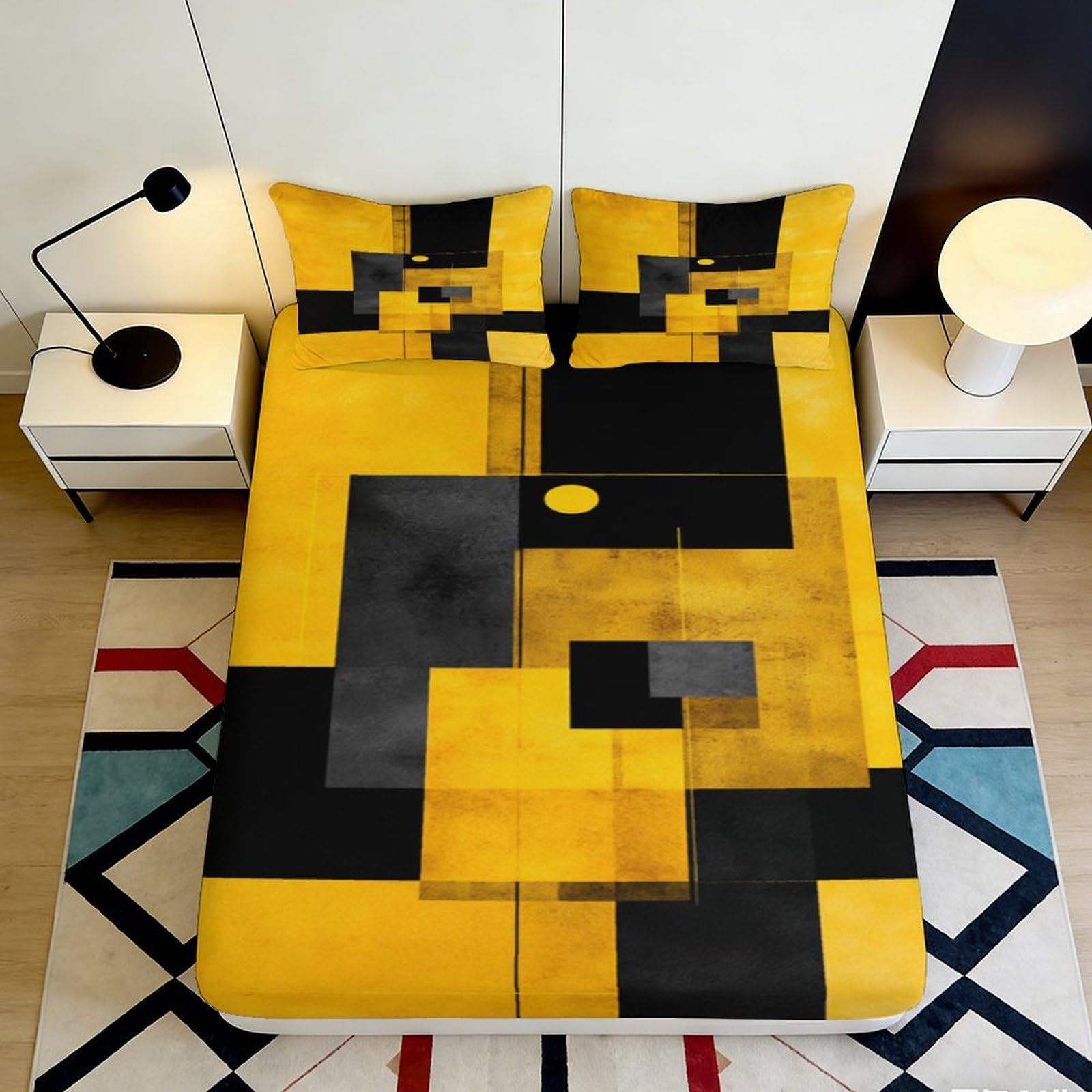 3D Printed Geometric Yellow Black Fitted Sheet Microfiber Modern Abstract Mattress Cover for Bedroom Dorm Decor 90x200x25cm