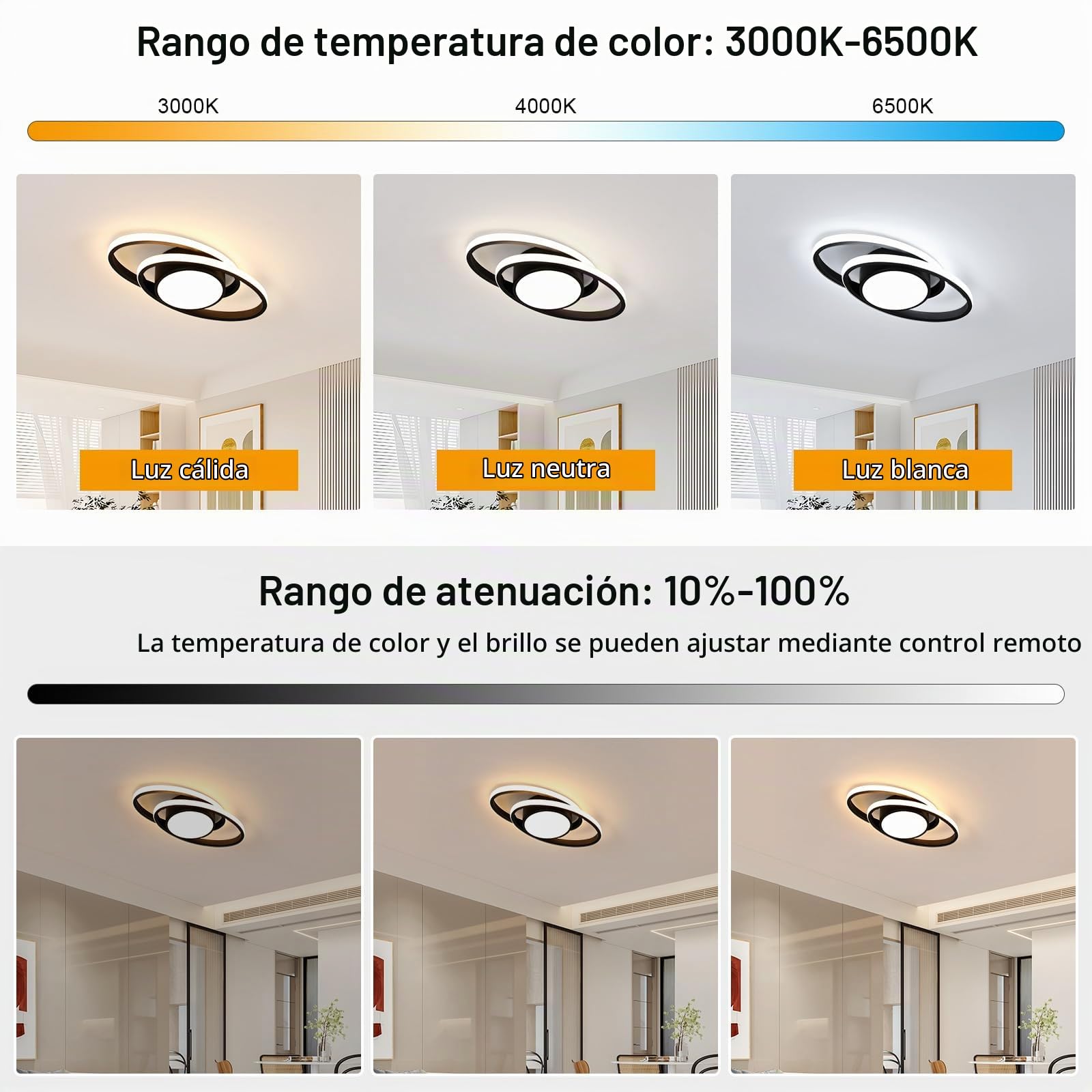 39W Plafon LED Techo Regulable con Mando/APP 3000K-6500K, Negro | 39W 4387LM LED Lámpara de Techo con Mando/APP, Luz de Techo Moderna 3000K-6500K para Salón Dormitorio Cocina Comedor, 38.5CM