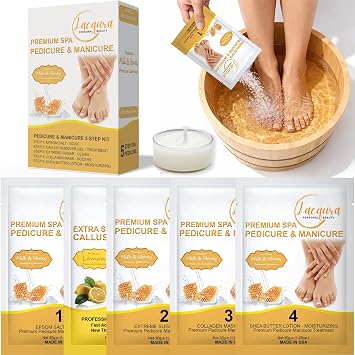 Deluxe Pedicure Kit 6 Step Spa Set Epsom Salt Soak, Callus Remover Gel, Sugar Scrub, Collagen Mask, Massage Oil Candle & Shea Butter Lotion Milk & Honey, 01 Set