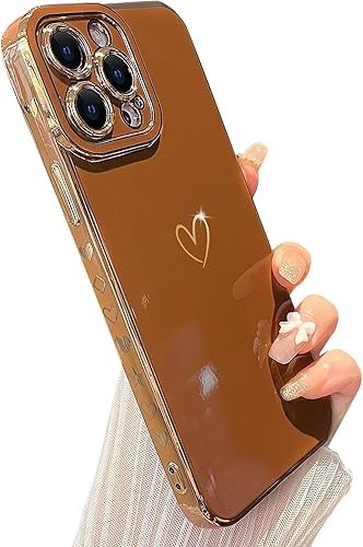 Skyseaco Funda compatible con iPhone 13 Pro Max, bonita funda de corazón chapado de lujo para mujeres y niñas, funda protectora de TPU suave a