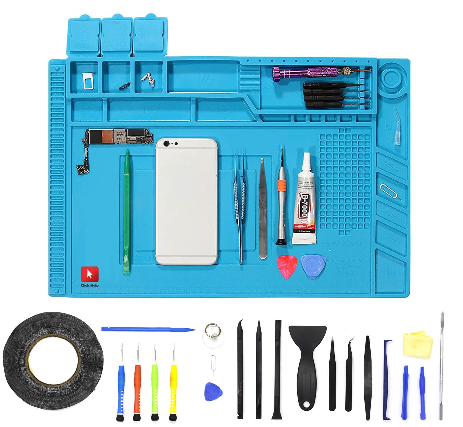 Tappeto da Lavoro ESD + Tool Kit Cacciaviti attrezzi riparazione Professionale Alta Qualità Antistatico Antiscivolo Tappetino in silicone 30cm x 45cm resistente fino a 500° saldatura smartphone tablet