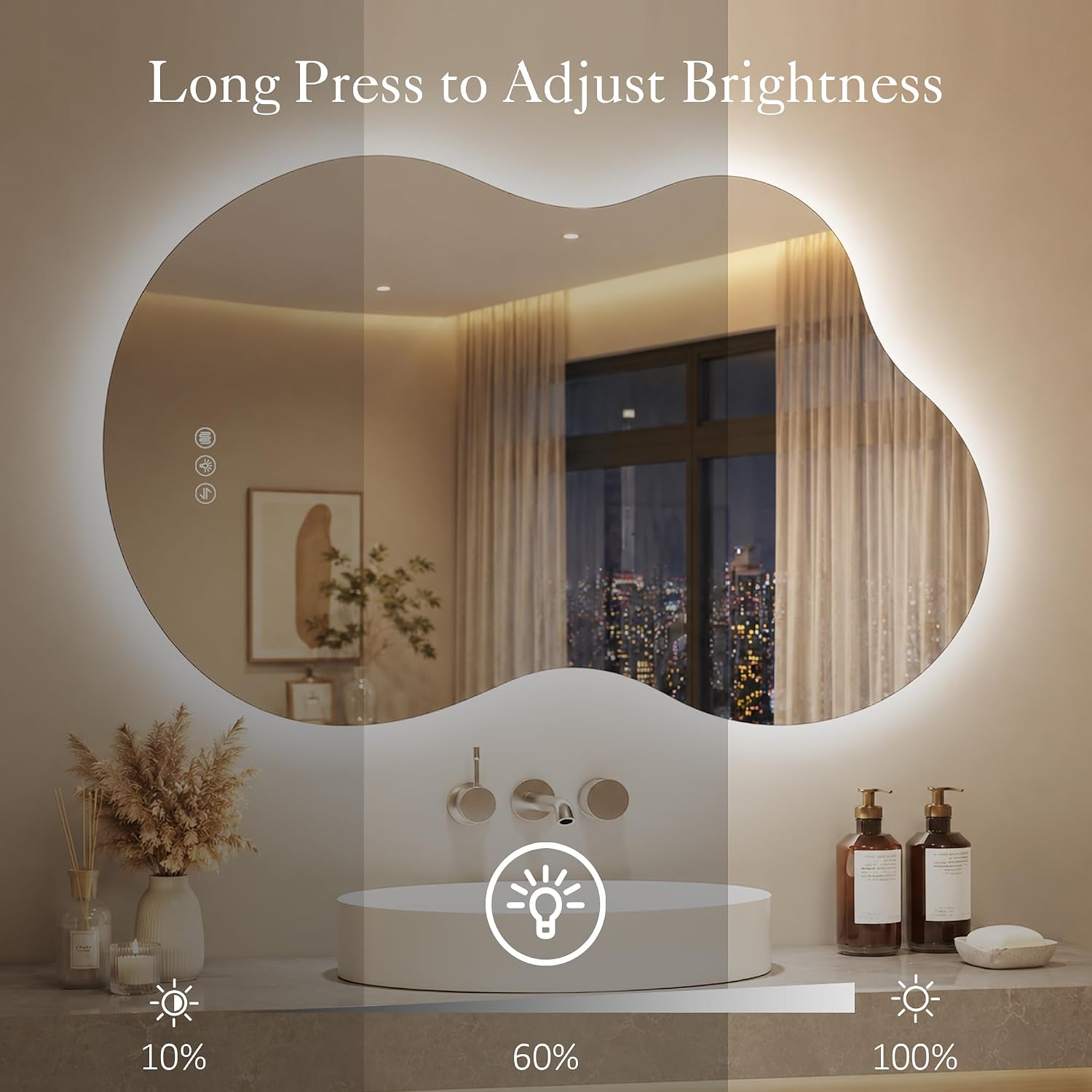 Saliwa Cloud LED Mirror for Bathroom (Frameless, Backlight, 36"x24") | Tempered glass, 3-color temp, Stepless dimmable, Center anti-fog, Memory function