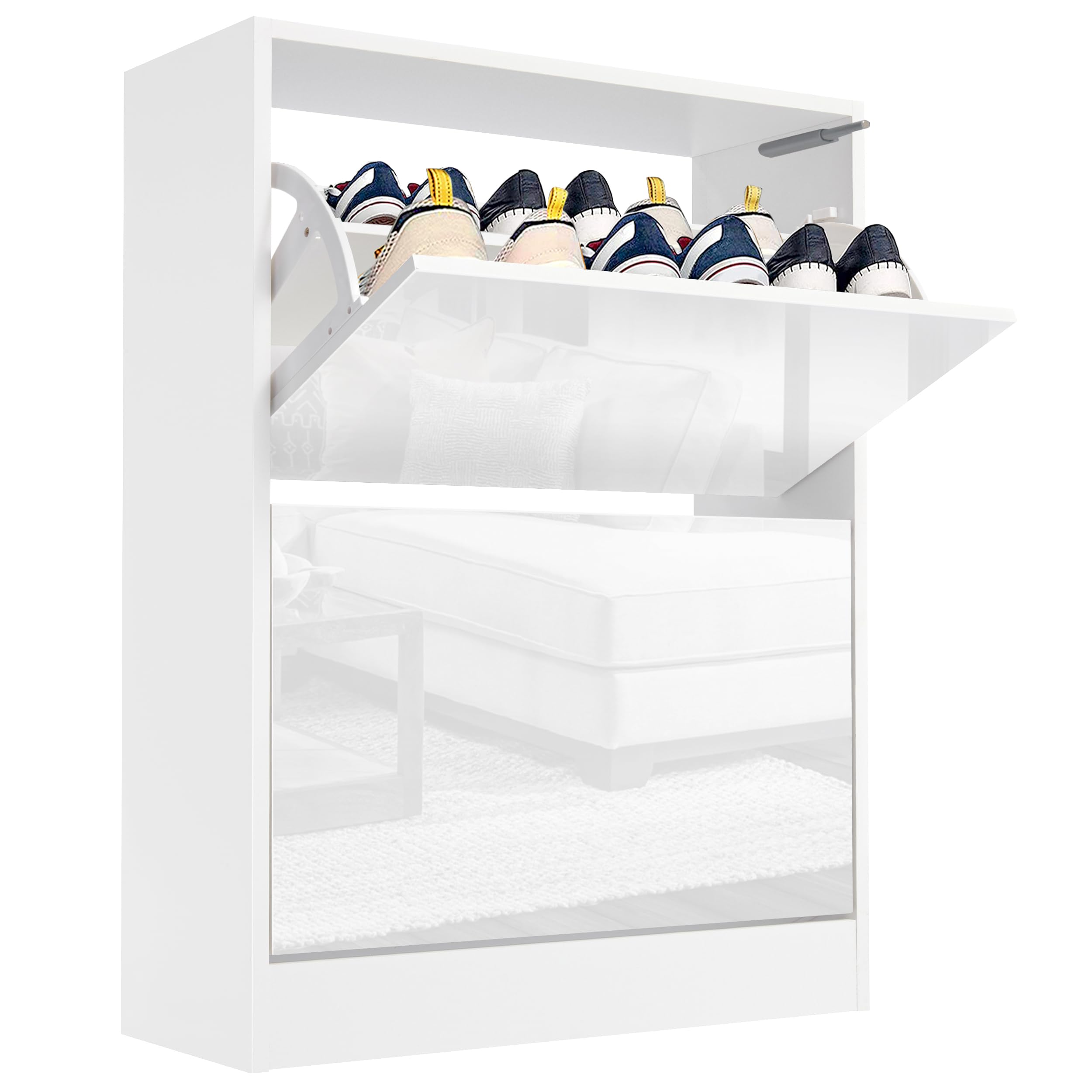 Blisswood High Gloss 2 Drawer Shoe Cabinet Cupboard, Shoe Storage Organiser Freestanding 2 Tier Wooden Shoe Rack Cabinet Modern Footwear Stand For Hallway, Living Room Furniture (White)