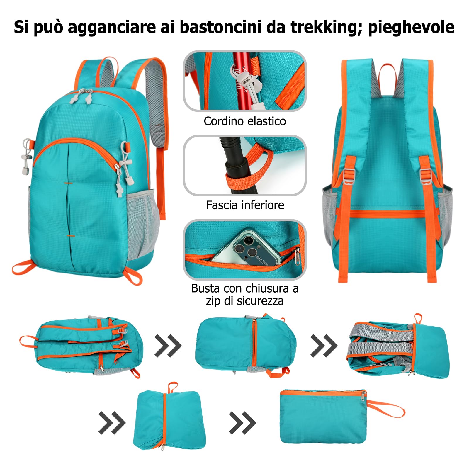 Zaino Pieghevole Impermeabile Leggero Zaini Zaino da Trekking Donna Uomo Backpack per Campeggio Viaggio Uso Quotidiano Azzurro
