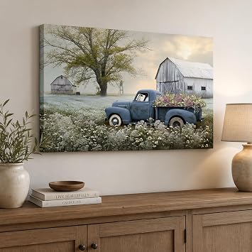 Farmhouse Old Truck Canvas Wall Art, Old Barn Pictures Wall Art, Country Antique Pickup Truck Canvas Prints, Blue Truck With White Floral Flower Art Prints for Farmhouse Spring Decor 12"Hx18"W Inches