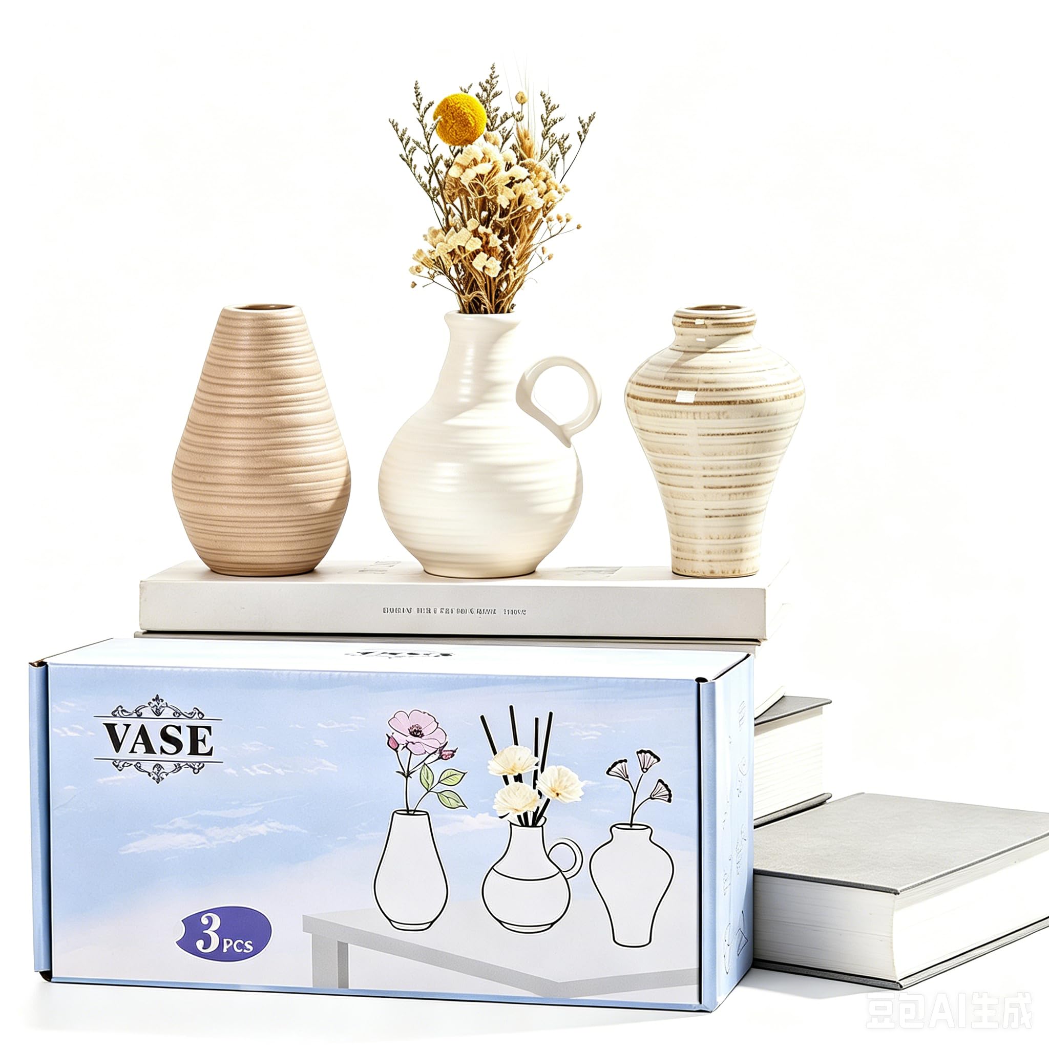 Vases en céramique lot de 3 petits pots déco moderne 10,5 cm pour herbe de pampa et étagère