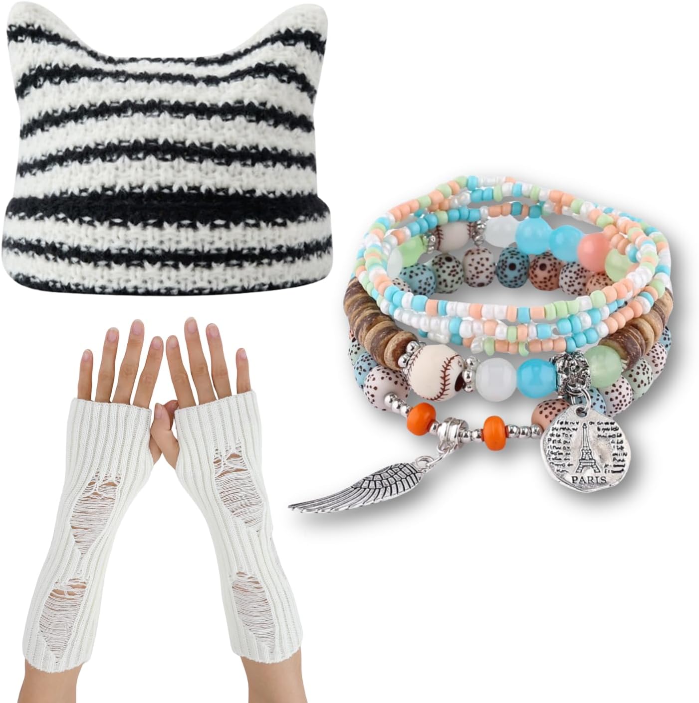 CORIRESHA Therian Emo Clothing Cat Ear Y2k Beanie Grunge Fingerless Gloves Bohemian Stacked Bracelets Set
