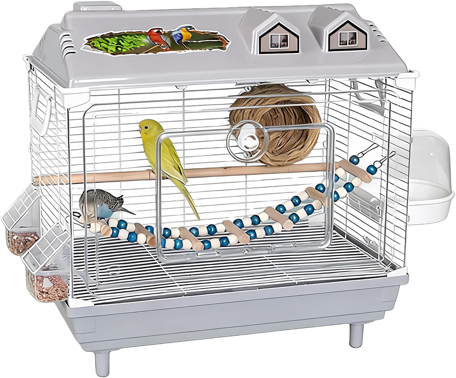 Parakeet Bird Cage, Clear Portable Cockatiel Carrier, Medium Bird with Wooden Perch, Acrylic Lightweight with Removable Tray, Pet with Travel Handle, Indoor Cage for Conures Macaws