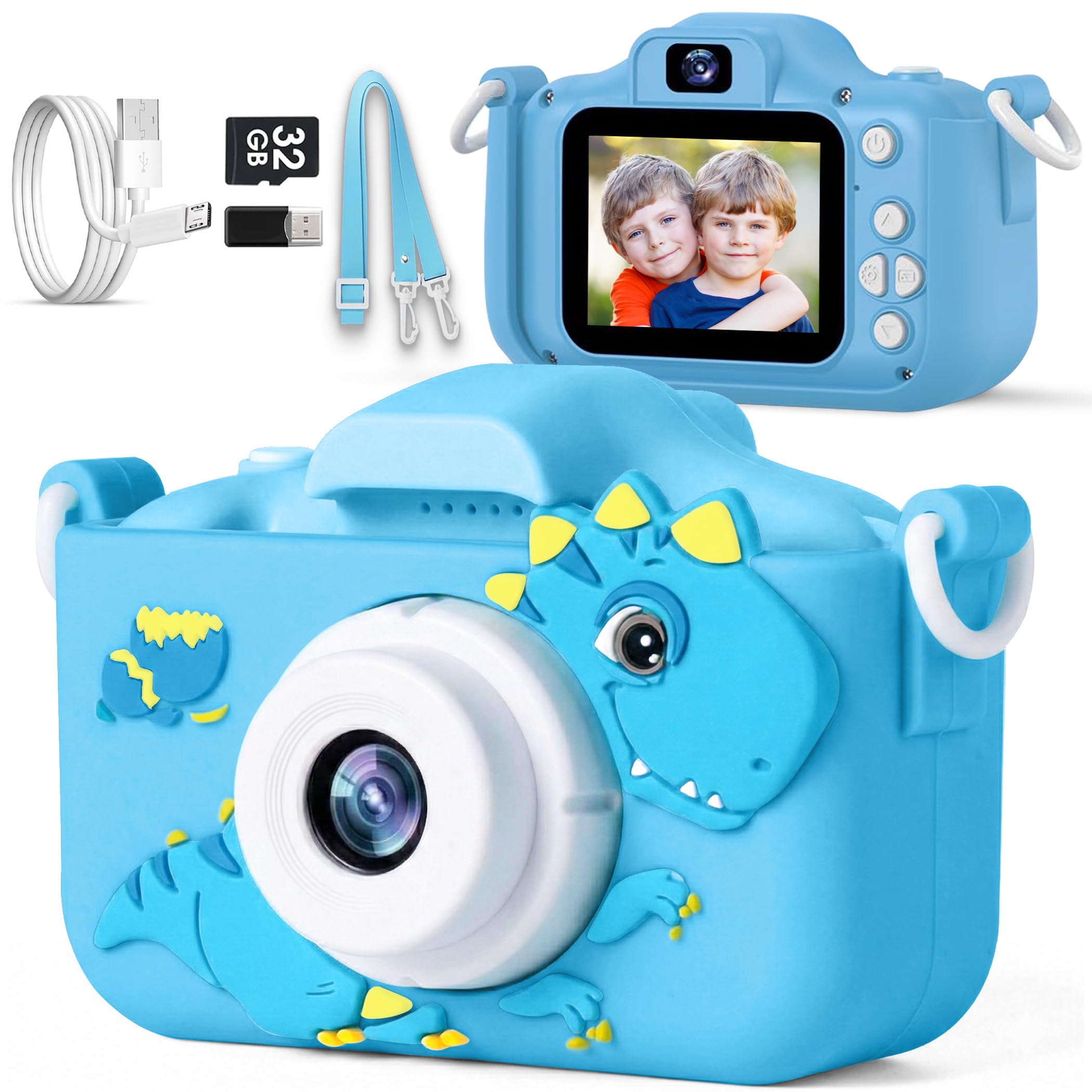 Kids Camera for 3, 4, 5, 6, 7, 8, 9 Year Old Boys Girls – 1080P HD Kids Video Camera, Dinosaur Christmas Birthday Gifts Dual Lens Digital Camera with