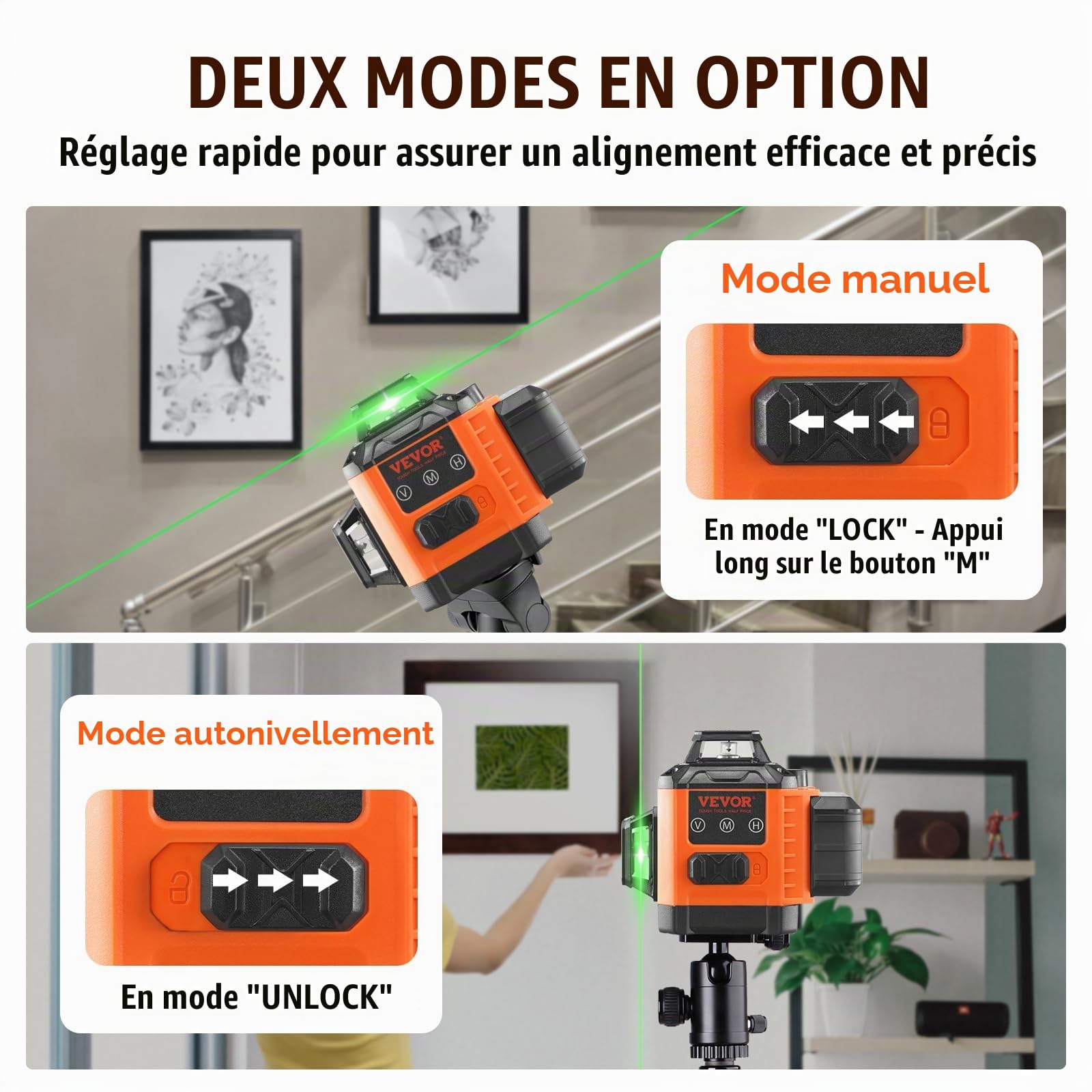 VEVOR Niveau Laser 30 m Niveau Laser 360° x 3 Ligne Croisée Verte Mode Autonivelant Manuel Longueur d'Onde Laser 520 nm ± 10 nm Précision de 0,28 cm à 10 m 8 h de Travail Continu avec Batterie Support