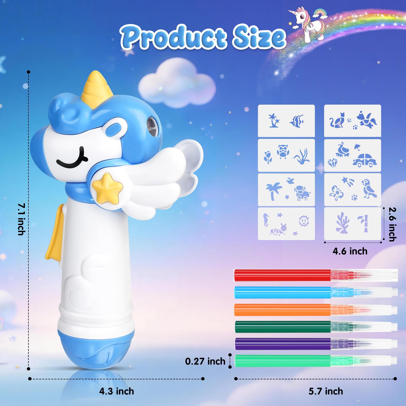 Set di pennarelli a spruzzo per bambini, per creazioni creative e artigianali, include 5 pennarelli lavabili, 8 stencil, regalo per bambini, ragazze e ragazzi