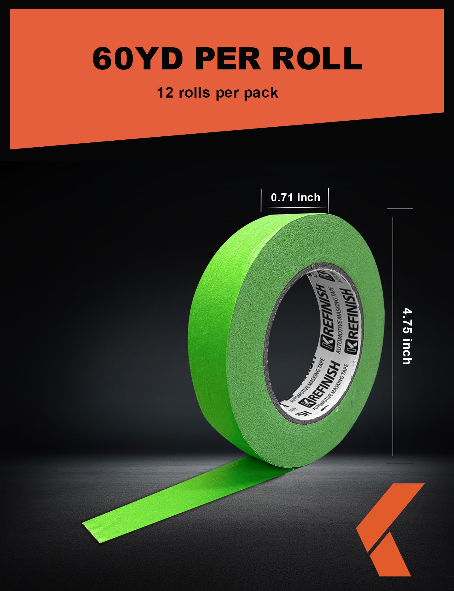 KREFINISH Cinta de pintor para pintura de coche, color verde, sin residuos, para pintura automotriz, resistente al calor, para cabina de pintura, 0.7 pulgadas x 60 yardas, 12 rollos