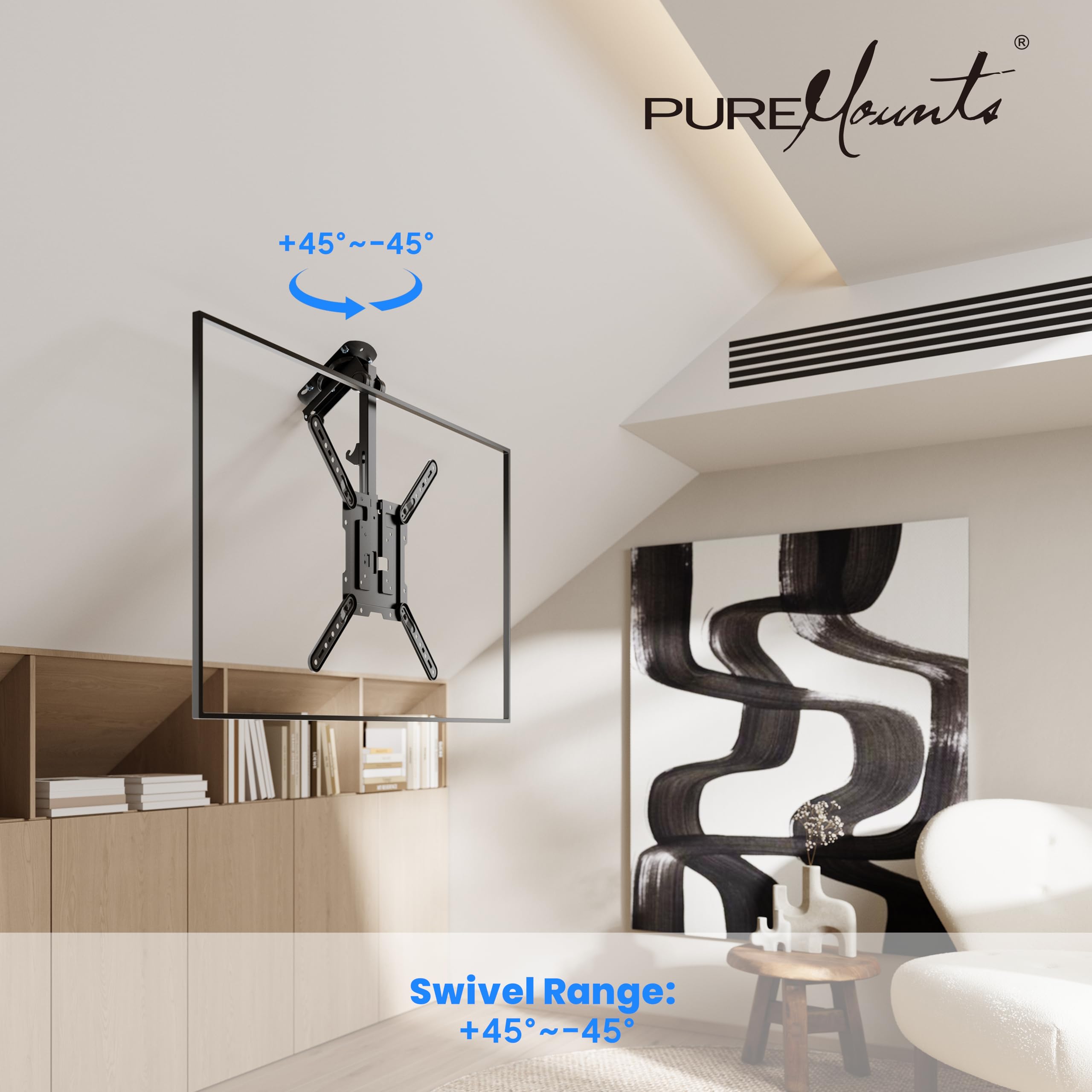 PureMounts TV Deckenhalterung für Fernseher, geeignet für 23-55 Zoll, klappbar, höhenverstellbar, schwenkbar, neigbar, bis VESA 400x400, schwarz