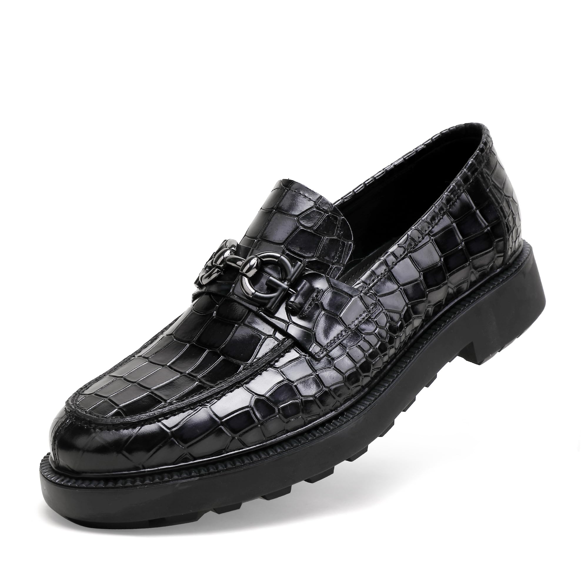 GOLDEN COXES FAMILY Premium Mens Leather Dress Shoes, Classic Casual Crocodile Printed Business Buckle Dress Slip on Penny Loafer Party Wedding Shoes