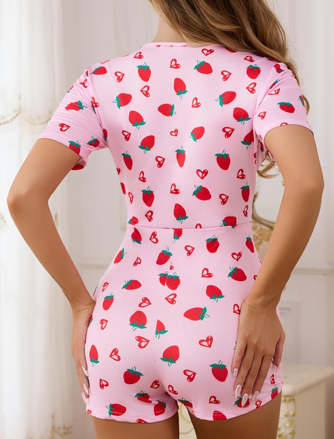 ABAFIP Women's Pajama Jumpsuit Cute Prints Button V Neck Short Sleeve Romper Shorts Sexy One Piece Sleepwear - Image 3