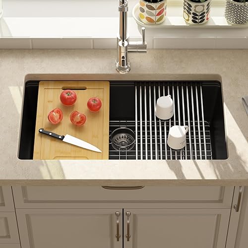 Miniatura 9 de Lordear Lordear - Fregadero de cocina compuesto de 32 pulgadas, fregadero de cocina de granito de cuarzo compuesto blanco profundo de un solo tazón
