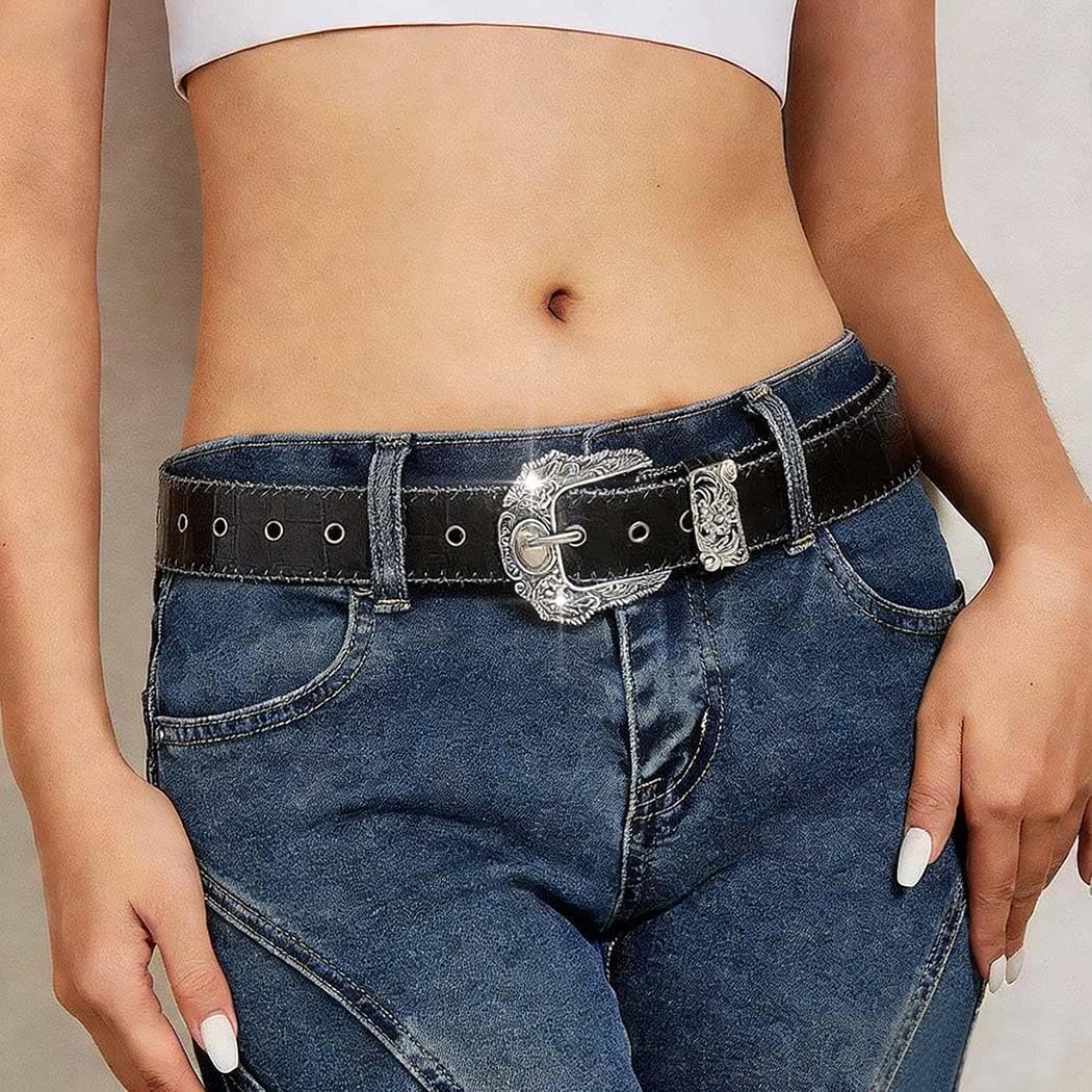 Black Women Western Belt Vintage Country Leather Belt with Engraved Buckle Cowgirl Cowboy Belt for Jeans Pant Dress - Image 2