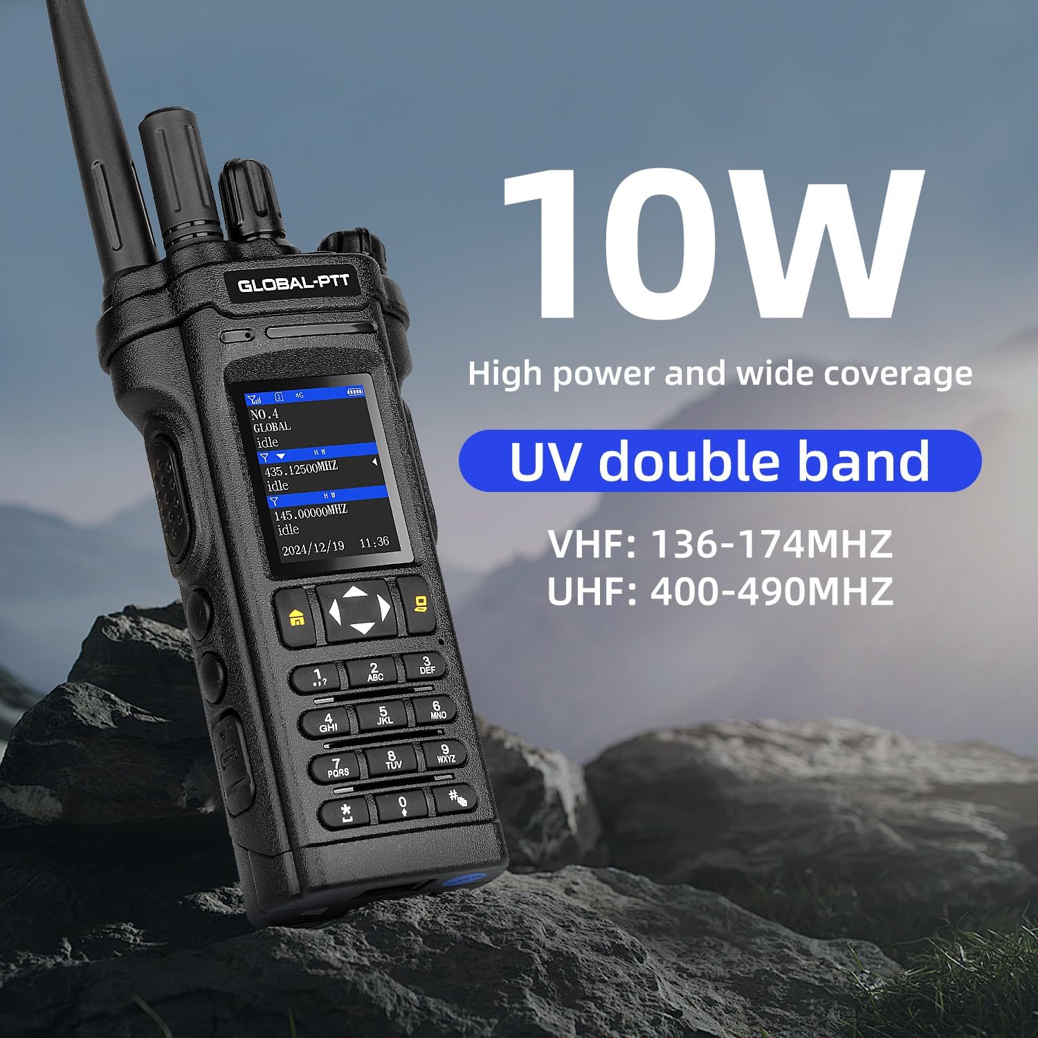 Image showing the GLOBAL-PTT 5288 Plus radio with 10W power and UV double band specifications.