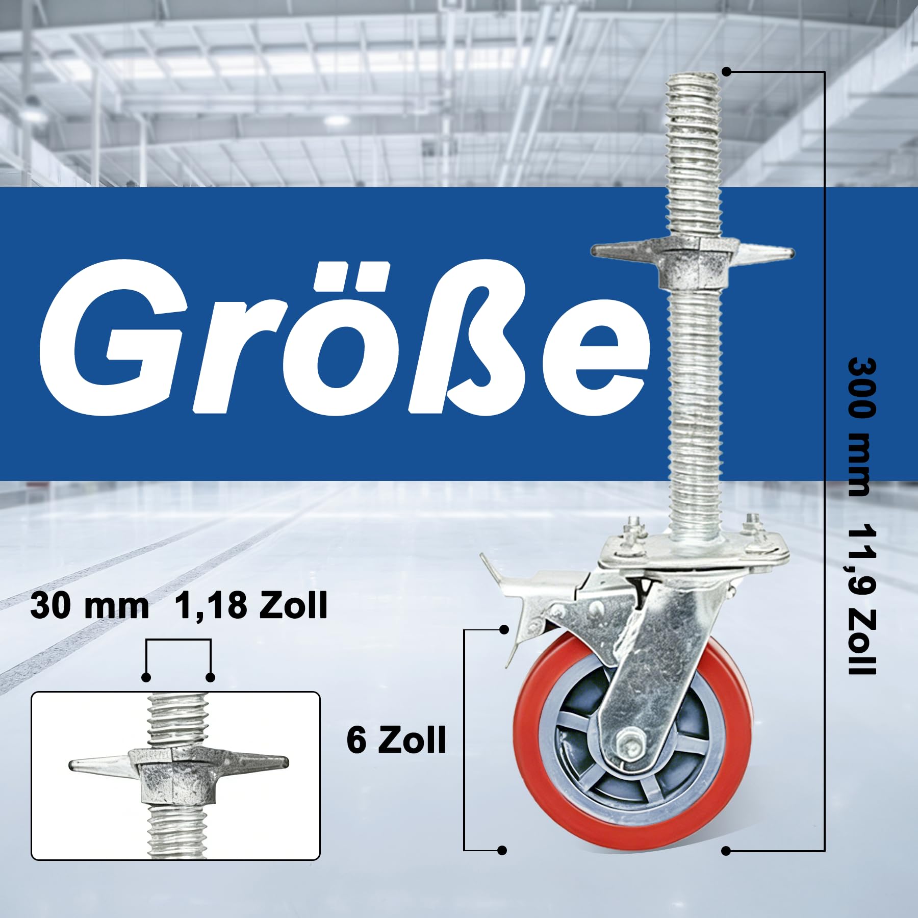 4 Stück Gerüstrollen Set 6 inch mit Stahlspindel,Gerüsträder 150 mm, Gerüstspindel Ø 30 mm,Lenkrolle 500 kg für Gerüst Rollgerüst