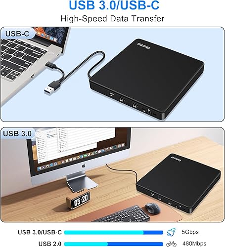 Miniatura 3 de Guamar Unidad de DVD externa USB 3.0 Reproductor de DVD para portátil con 2 puertos USB y 2 ranuras para tarjetas TF/SD Grabador de CD para Mac PC