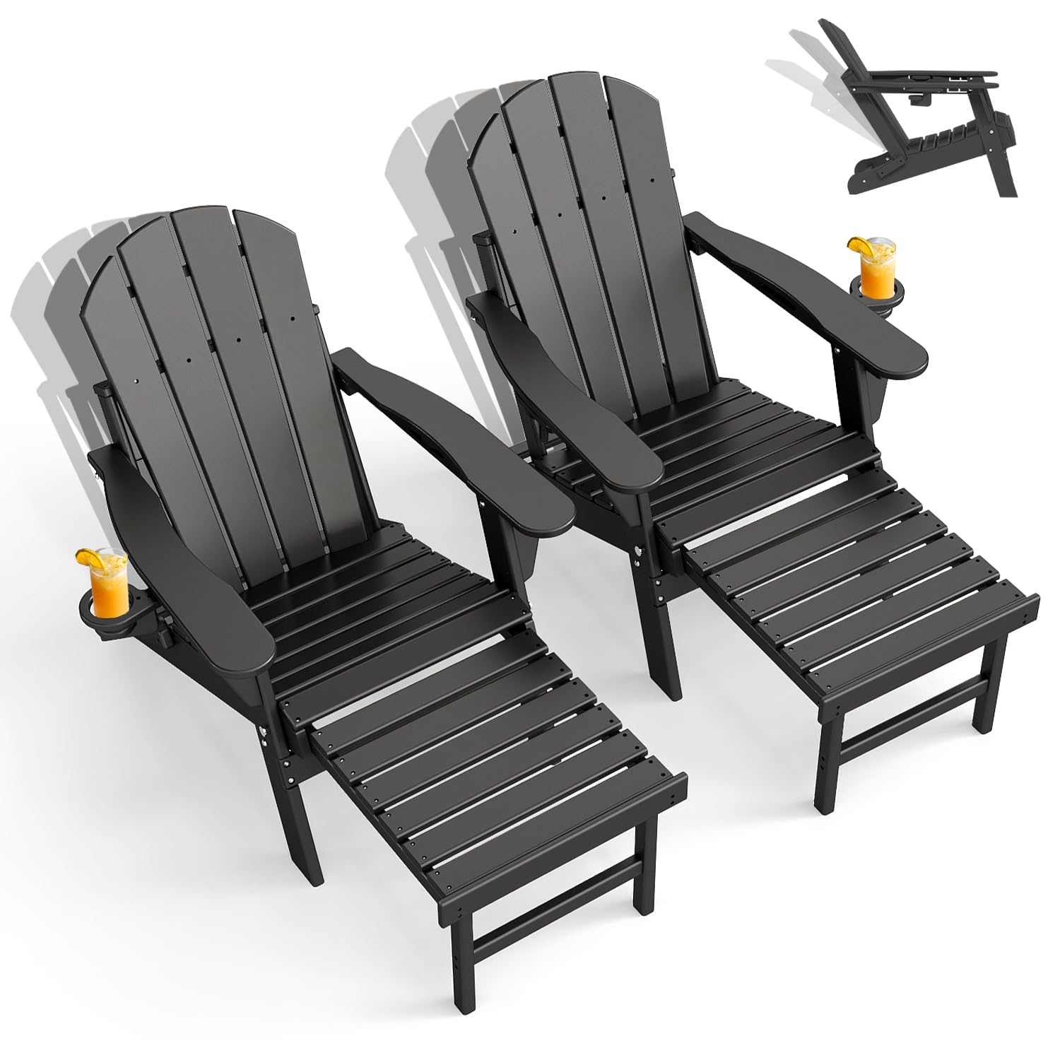 GREENVINES Adjustable Adirondack Chair with Retractable Ottoman Set of 2 | Folding | HDPE Plastic | Fire Pit Chairs w/Foot Rest | 2 Cup Holders |