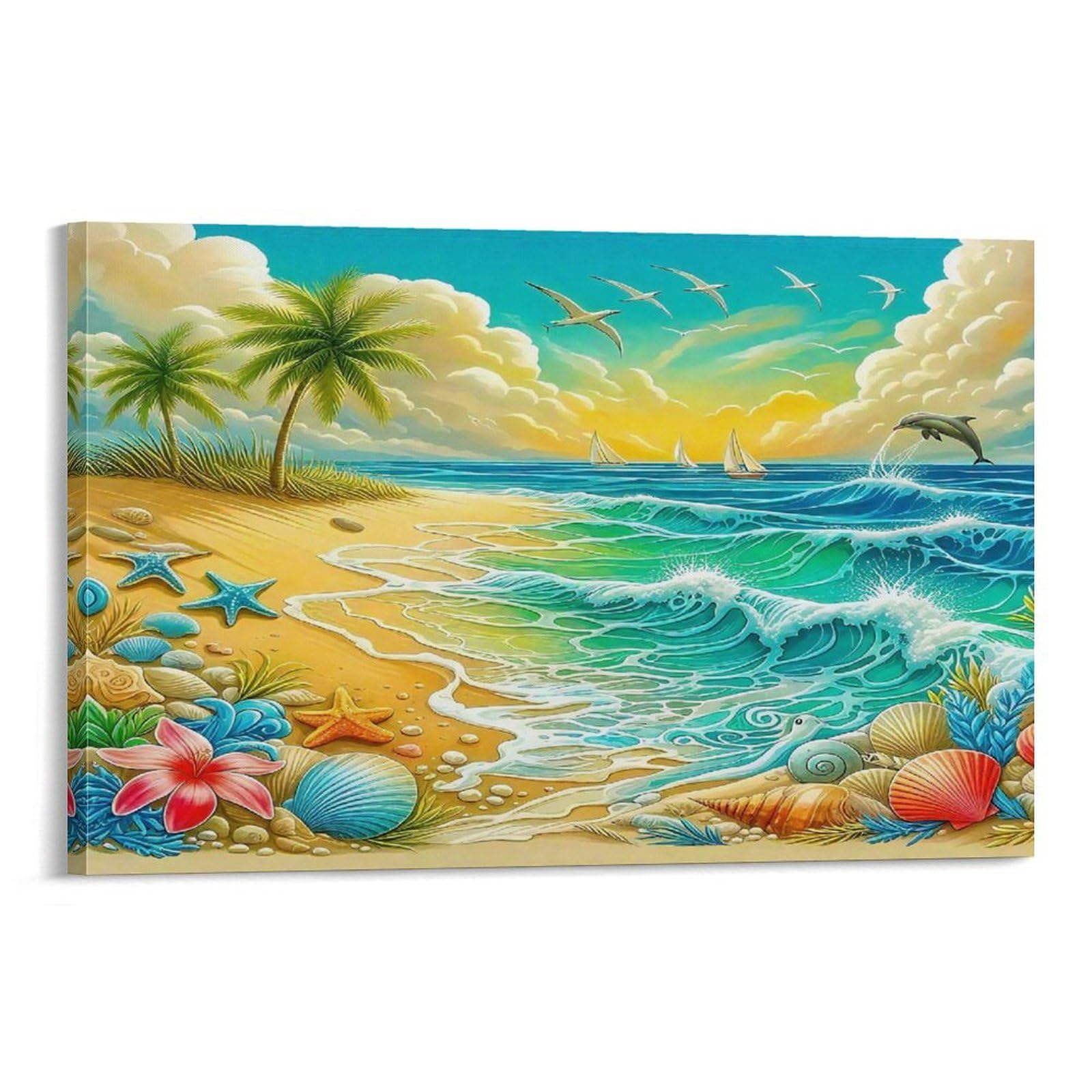 Sea Turtles on Heart-shaped Sand Beach Single Sunny Tropical Beach with Shells And Dolphin Canvas Print - Living Room Gallery Wall Statement Piece Fade Resistant Ready to Hang 12x18inch(30x45cm)