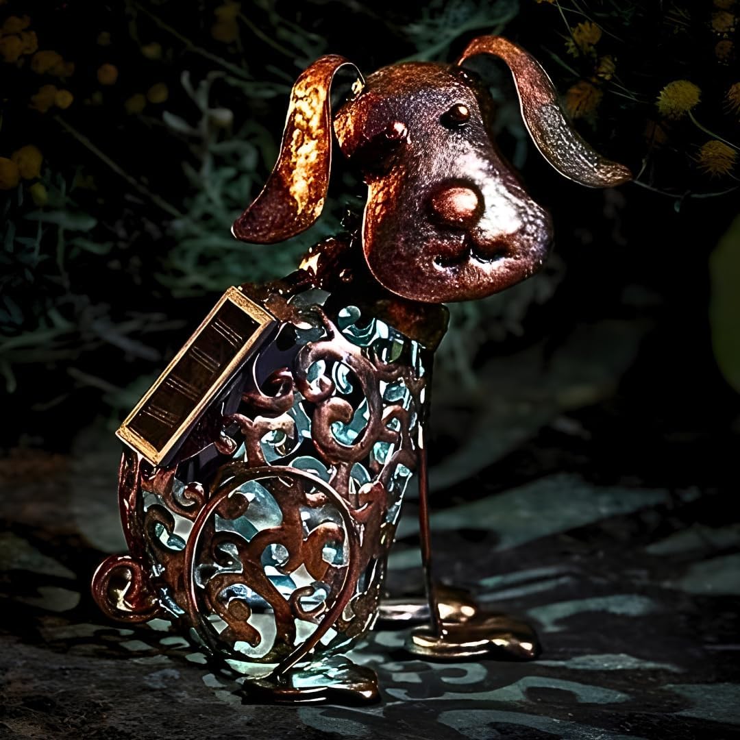 Garden mile Large Solar Dog Outdoor Ornament - 22cm Waterproof Metal Dog Statue with Timer & Colour Changing LED Lights - Solar Garden Light for Patio Lighting, Outdoor Ornament & Gardening Gifts
