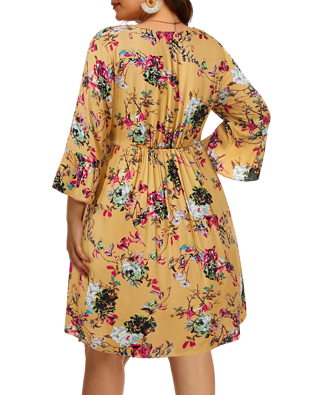 Plus Size Boho Dress Yellow Floral Casual Summer Beach Cover Up Swimwear Vacation Short Flowy Tunic V-Neck Sun Dresses