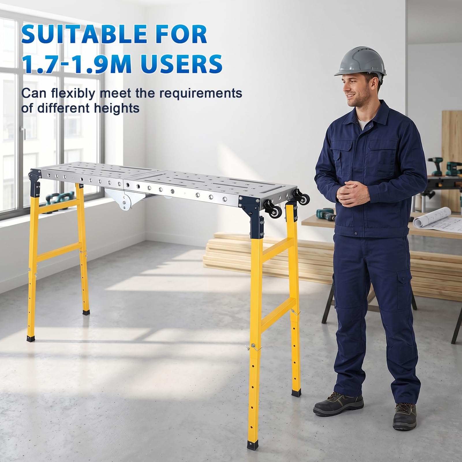 Piattaforma di lavoro regolabile, piattaforma di lavoro pieghevole con ruote e superficie antiscivolo, piattaforme per ponteggi in acciaio, capacità di 499 kg, per garage, officina, magazzino, 140 cm