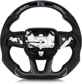 Real Carbon Fiber Steering Wheel Red Stitching For Dodge Charger/Challenger/SXT/GT/RT/SRT/Heallcat D-shaped LED Shift Indicator Nappa Perforated Leather Flat-bottom Steering Wheel-With Heat