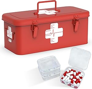 Orionstar Vintage Metal First Aid Box - Large Emergency Medicine Case with 3 Loose Pill Organizers & Top Handle - 360° Visible Medical Symbol Steel Storage for Home Car