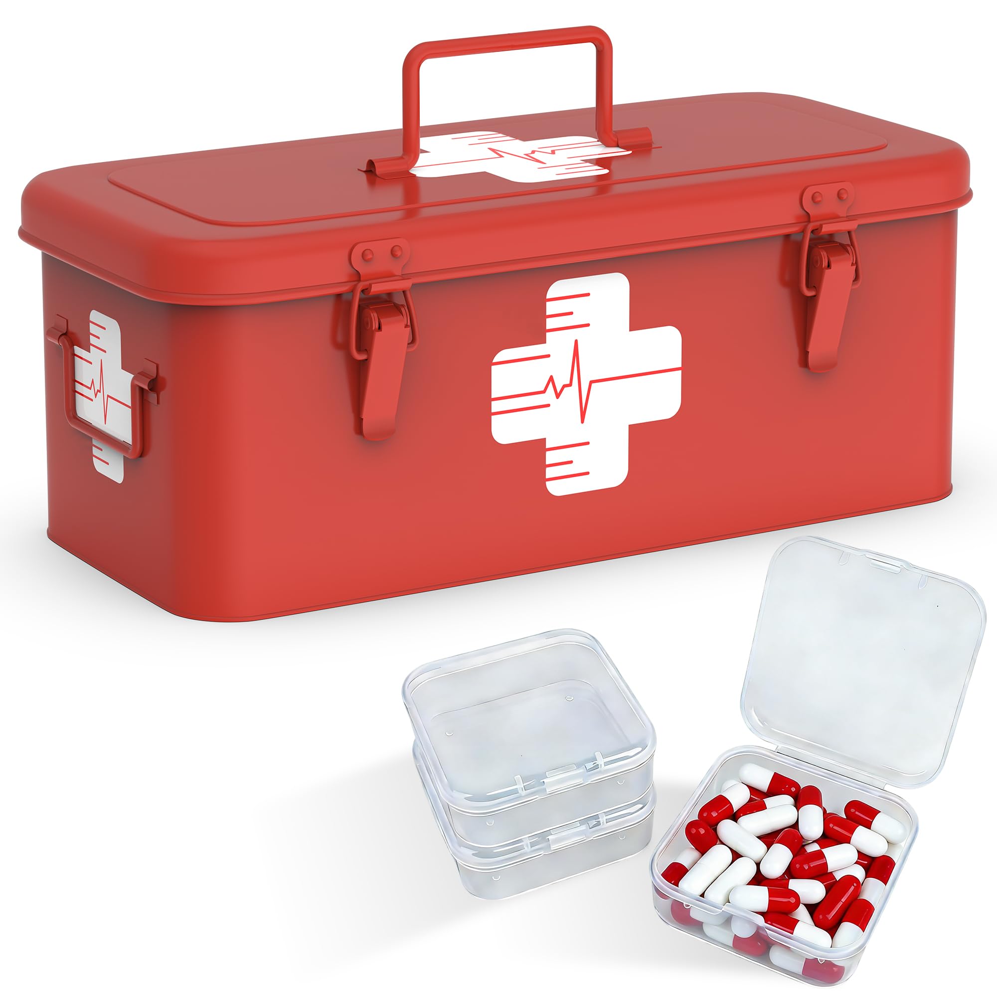 Orionstar Scatola per medicinali di primo soccorso, armadietto di primo soccorso con maniglia superiore, scatola in metallo per medicine con 3 scatole portatili per medicine, scatola vuota di primo