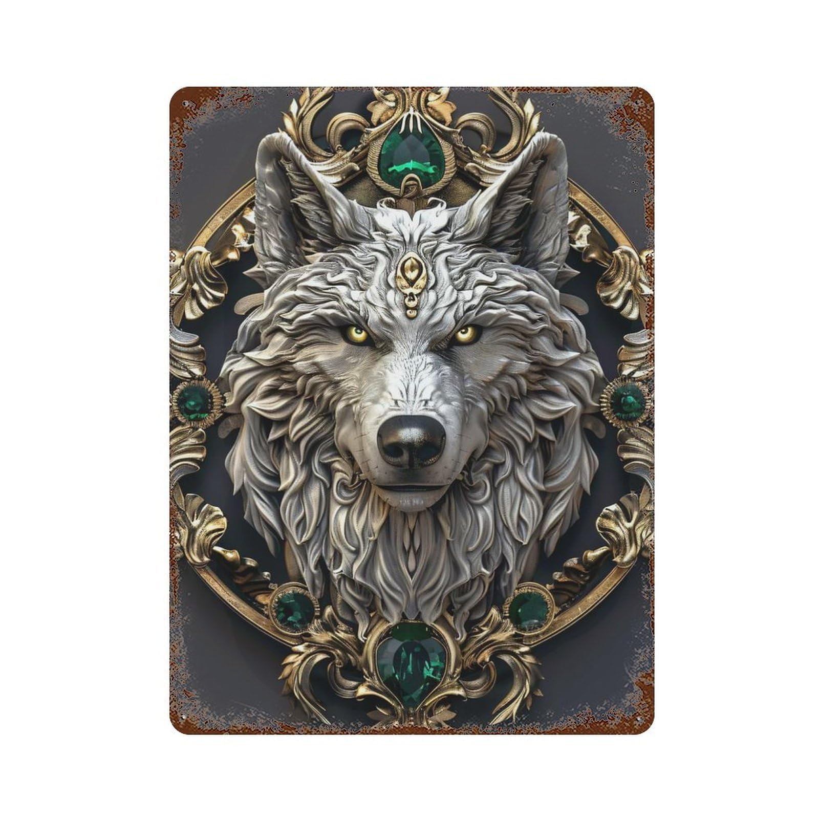 Ornate Wolf Head with Emeralds Retro Metal Sign 15.7"x11.8", Decorative Metal Wall Art for Basement, Hobby Room And Garage Decor