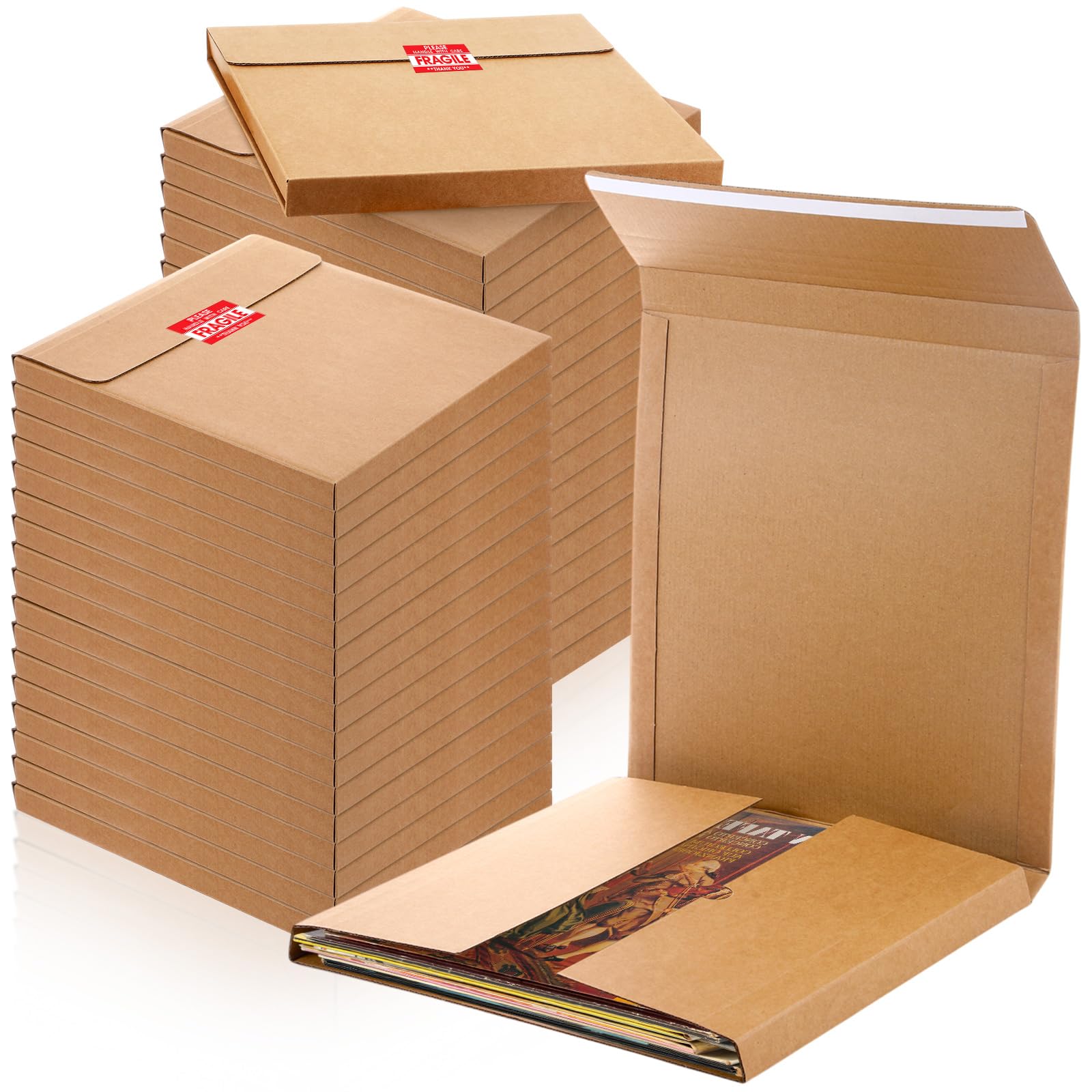 Maxdot Confezione da 50 scatole per spedizioni di dischi in vinile, 31,8 x 31,8 x 2,5 cm, con adesivi fragili, scatole di cartone protettive per imballaggio, spostamento postale