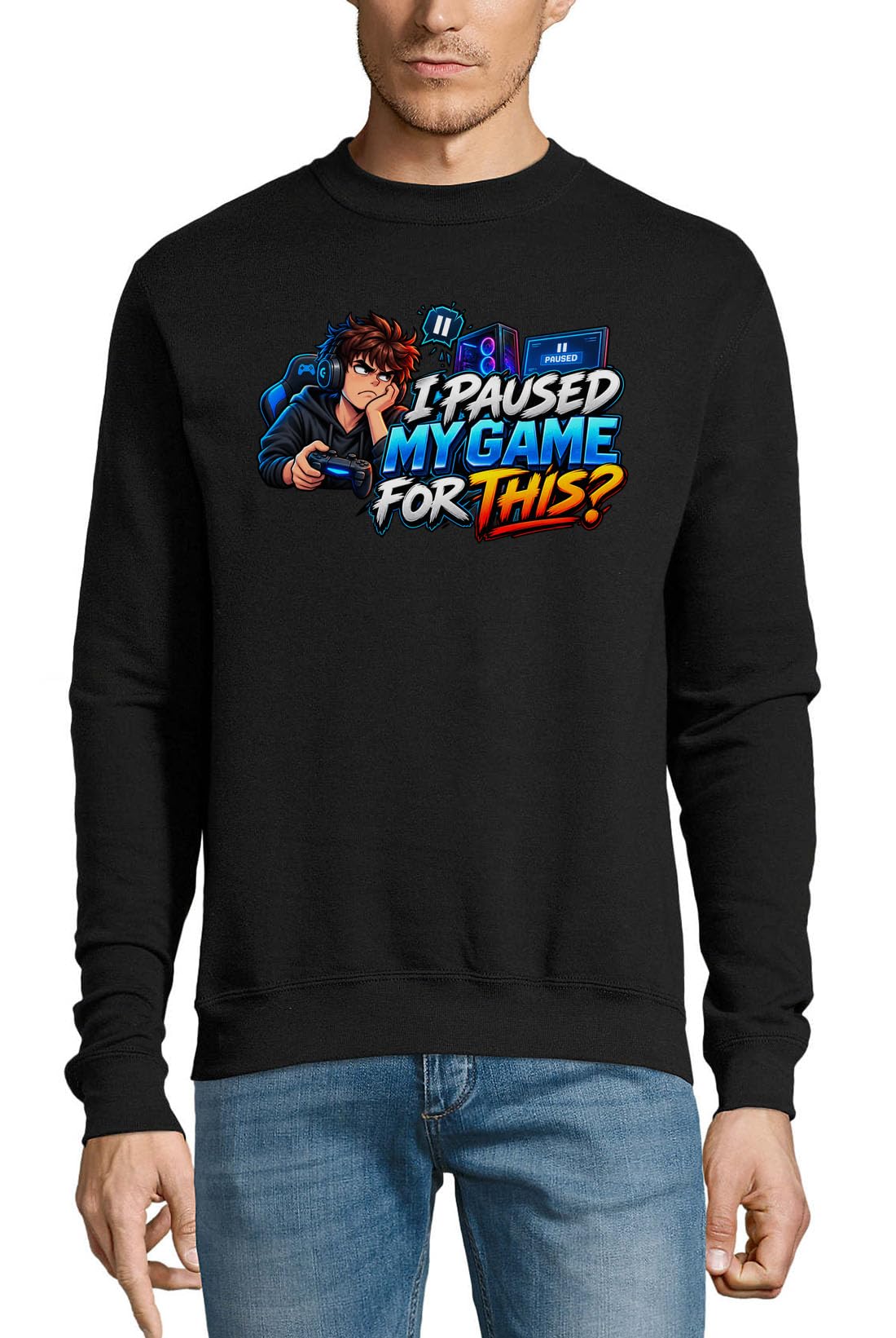 Gamer Frustration Over Paused Game Screen Bawełniany sweter Bluza Sweter Sweter Czarny