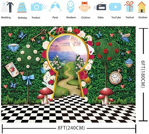 Miniatura 6 de Telón de fondo para fotografía del país de las maravillas de 7 x 5 pies, decoración de fiesta de té, cuento de hadas, castillo, conejo, hoja verde,