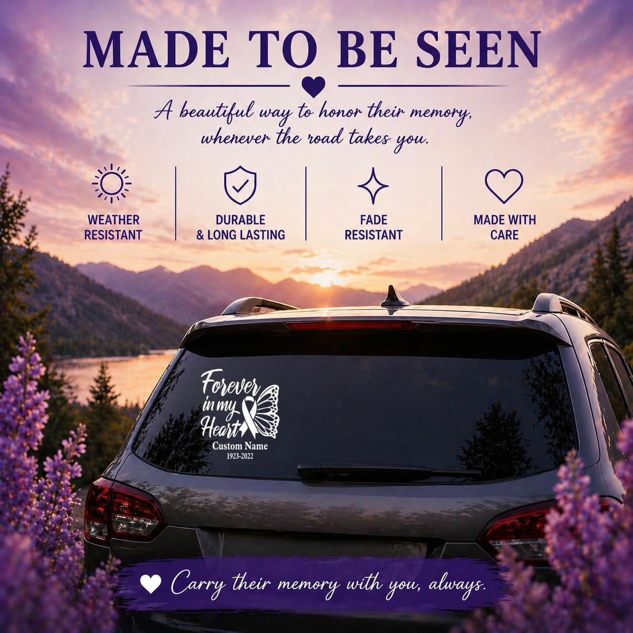 Forever in My Heart Cancer Awareness Ribbon Memorial Vinyl Decal with Butterfly, Customizable Name and Date