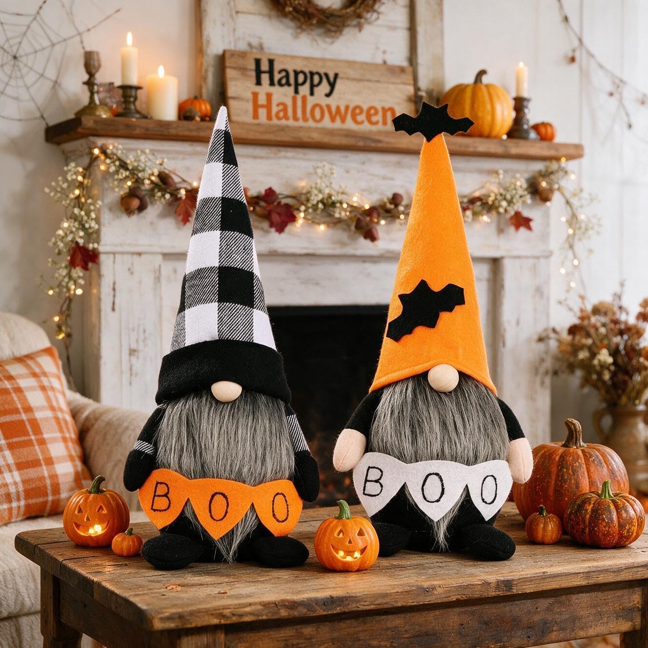 Halloween Gnomes Decoration 2 Pack Figures- 10.6'' Plush Gnome Decorations with Boo & Bat Designs, Cute Home Decor for Bookshelf, Window, Porch, Party, Halloween New Year Gift (Boo & Bat Gnomes)