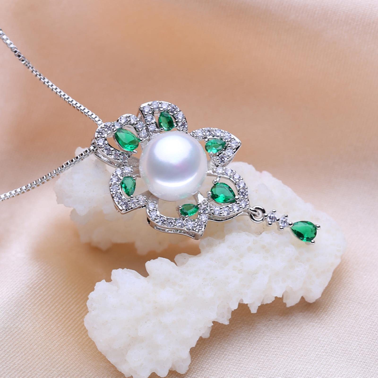 Set di Gioielli in Argento Sterling 925 Orecchini di Perle Naturali per Le Donne Collane con Ciondolo Grande Smeraldo Boemo