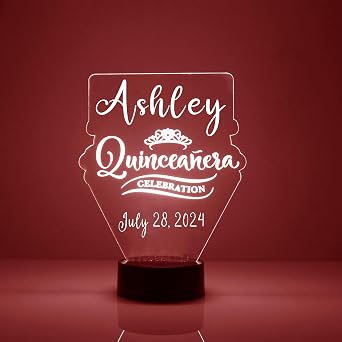 Custom Quinceanera LED Sign Night Light Lamp with Remote, Light Up Display with Personalized Name or Image, Customized and Made in The USA, Clear Acrylic Home Decor Design with 16 Colors, 4 Modes