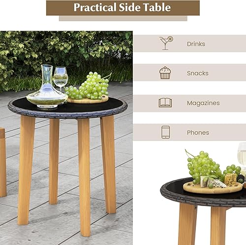 Miniatura 9 de Tangkula Juego de sillas de patio de 3 piezas, juego de sillas de mimbre y mesa auxiliar con cojines suaves y mesa de vidrio templado, soporte de