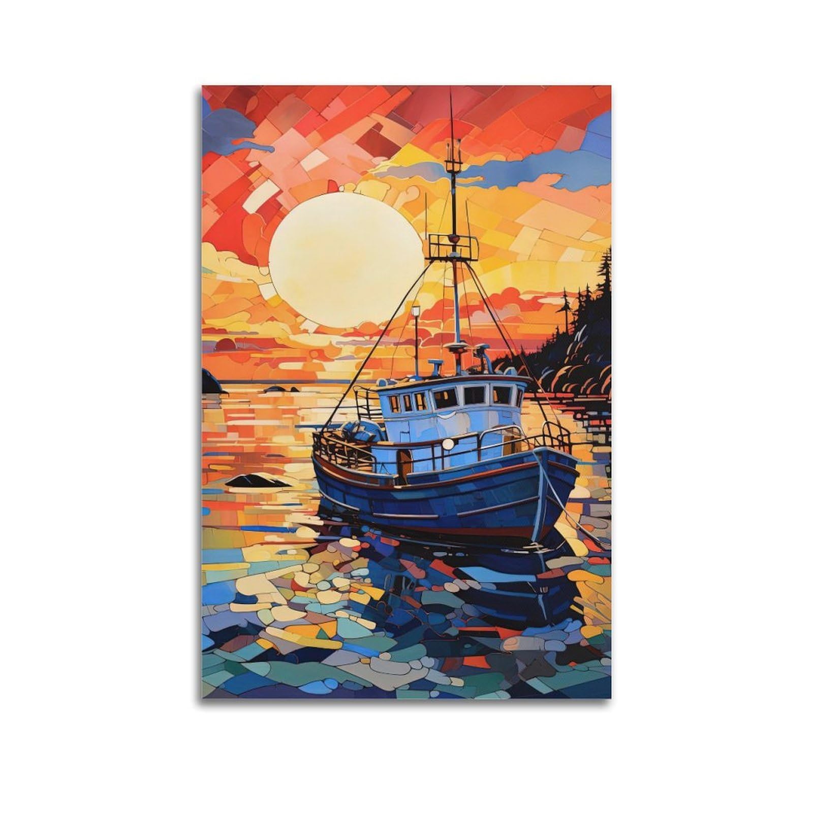 XKUGA Nautical Fishing Boat Sunset Coastal Scene Poster Vintage Modern Decorative Canvas Prints - Ideal Wall Art for Family, Man Cave, Game Room, Boys & Girls Bedroom 20x30inch(50x75cm)