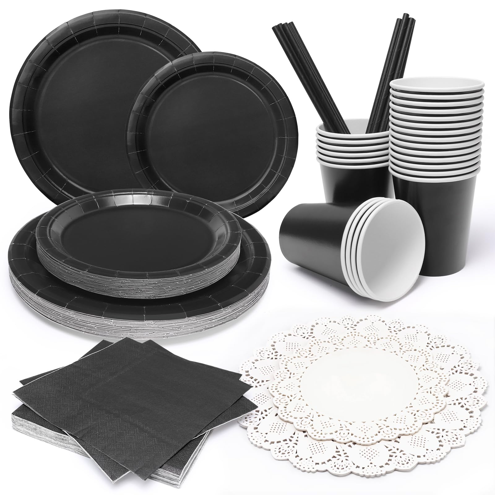 PARTY GO 170PC Black Paper Plates Cups Napkins Straw, Paper Doilies