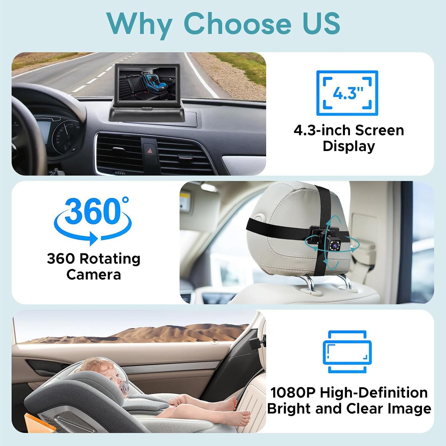Shkalacar 1080P Baby Car Camera, 4.3 Inch Foldable Monitor with Night Vision and 150 Wide View Angle, 360 Rotatable for Rear Facing Seat Car Camera for Baby Seat Cam Monitor
